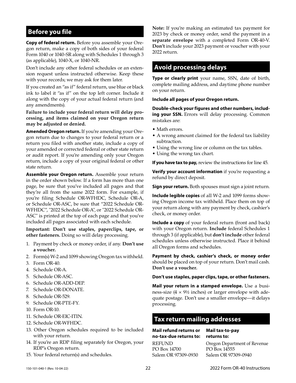 Instructions for Form OR-40, 150-101-040 Oregon Individual Income Tax Return for Full-Year Residents - Oregon, Page 22
