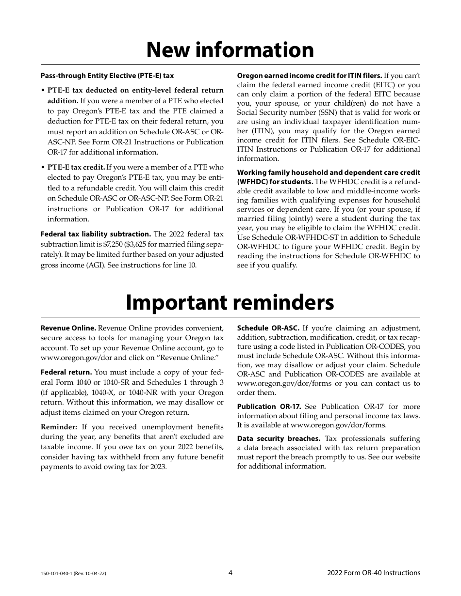 Instructions for Form OR-40, 150-101-040 Oregon Individual Income Tax Return for Full-Year Residents - Oregon, Page 4