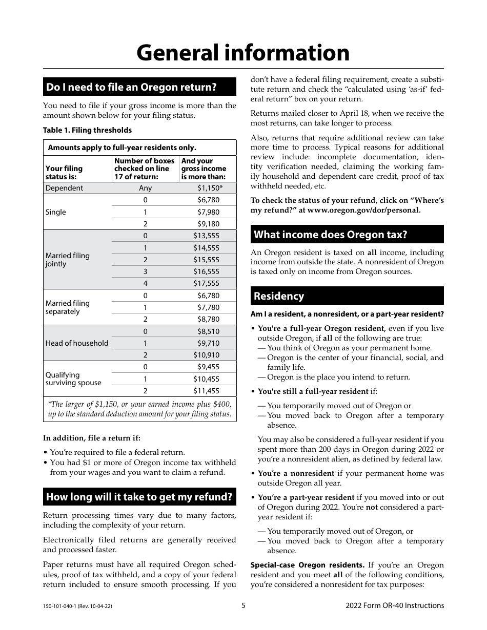 Instructions for Form OR-40, 150-101-040 Oregon Individual Income Tax Return for Full-Year Residents - Oregon, Page 5