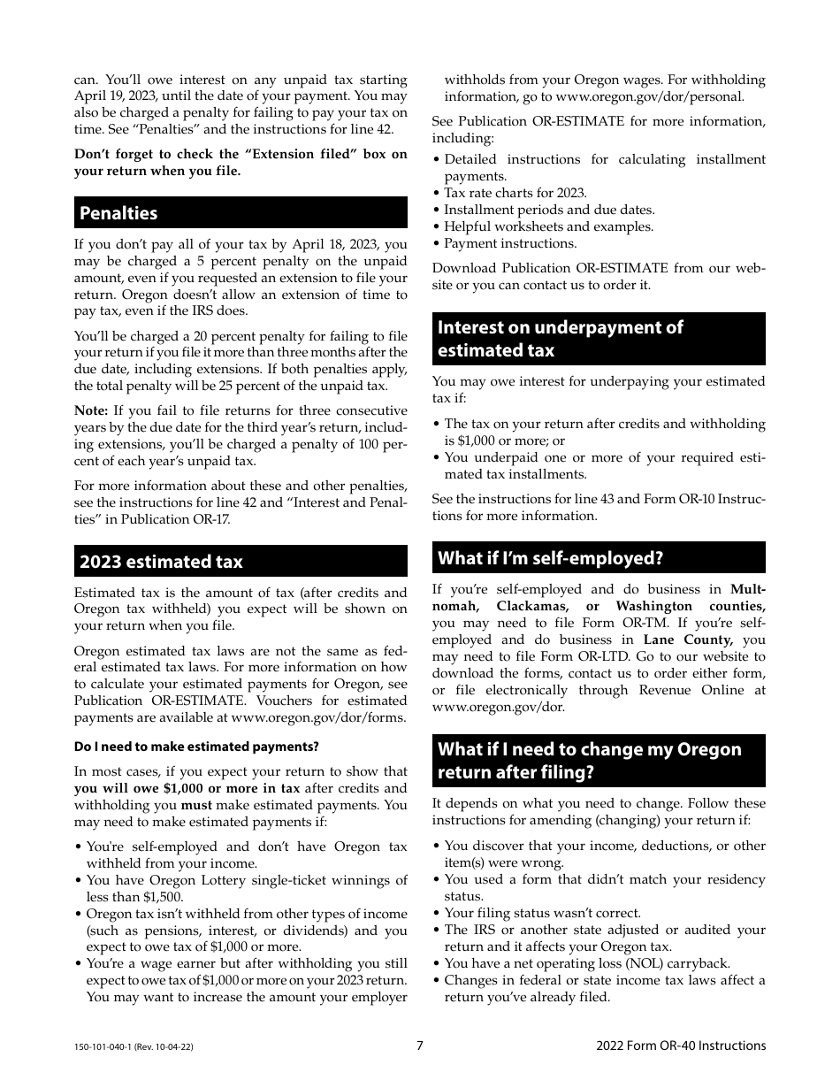 Instructions for Form OR-40, 150-101-040 Oregon Individual Income Tax Return for Full-Year Residents - Oregon, Page 7