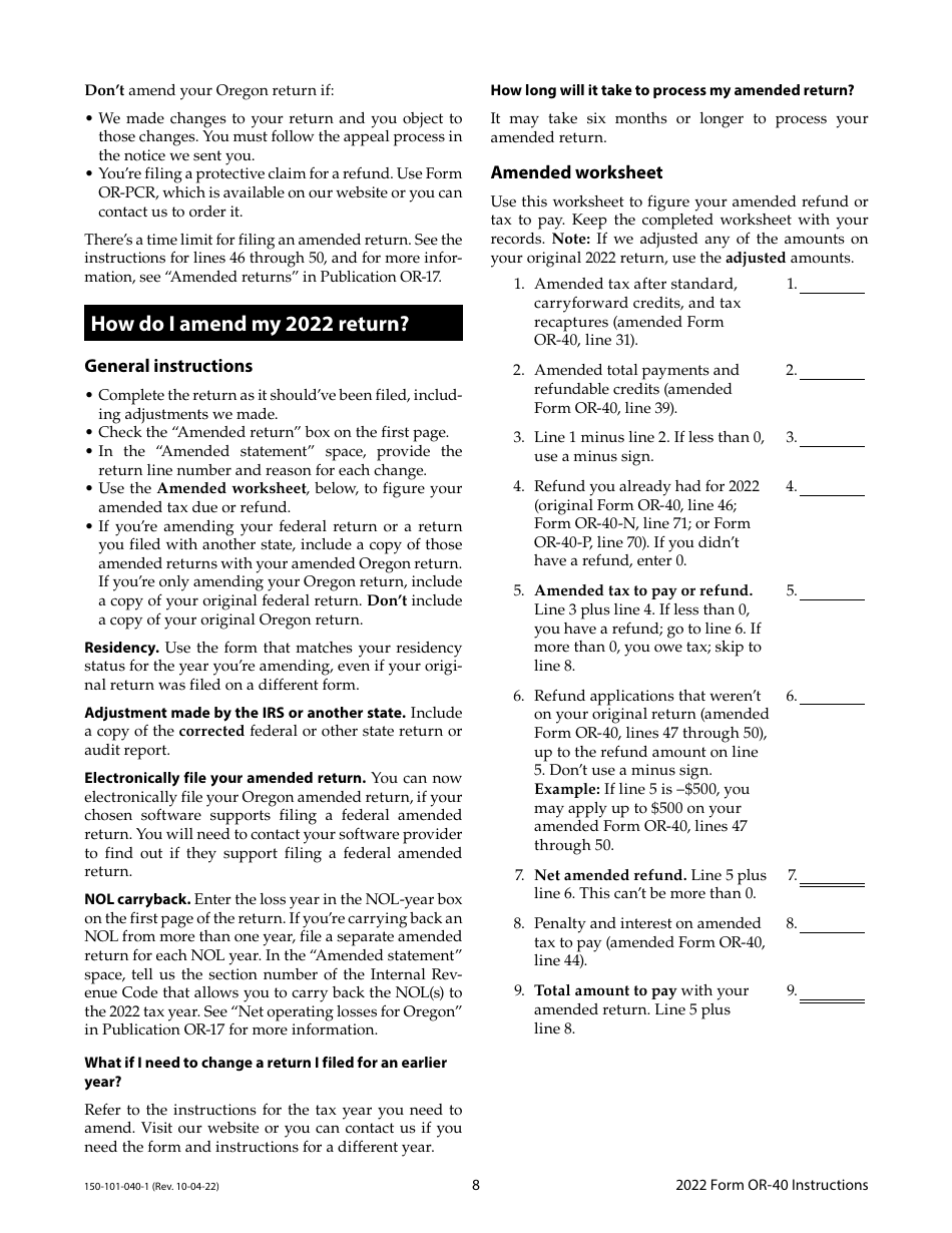 Instructions for Form OR-40, 150-101-040 Oregon Individual Income Tax Return for Full-Year Residents - Oregon, Page 8