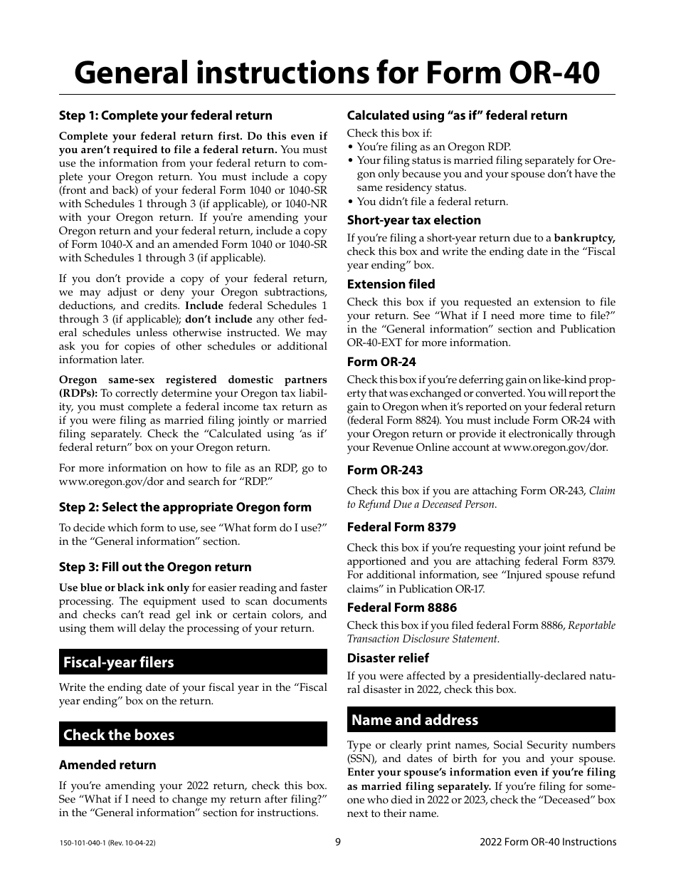 Instructions for Form OR-40, 150-101-040 Oregon Individual Income Tax Return for Full-Year Residents - Oregon, Page 9