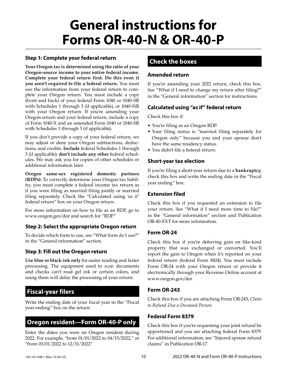 Instructions for Form OR-40-N, OR-40-P, 150-101-048, 150-101-055 - Oregon, Page 10
