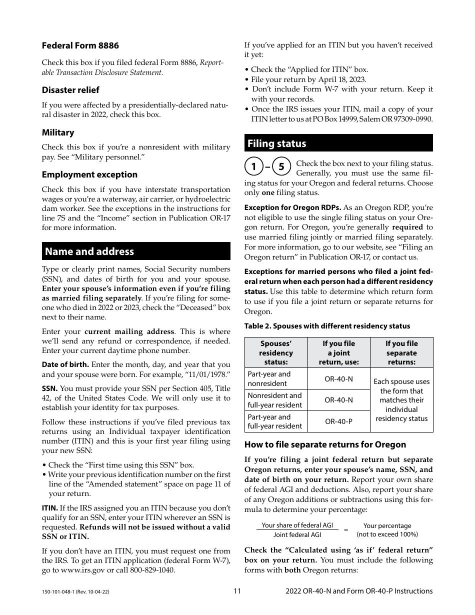 Instructions for Form OR-40-N, OR-40-P, 150-101-048, 150-101-055 - Oregon, Page 11
