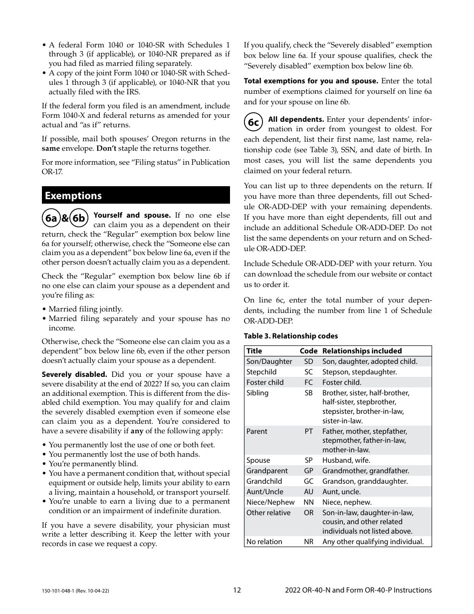 Instructions for Form OR-40-N, OR-40-P, 150-101-048, 150-101-055 - Oregon, Page 12