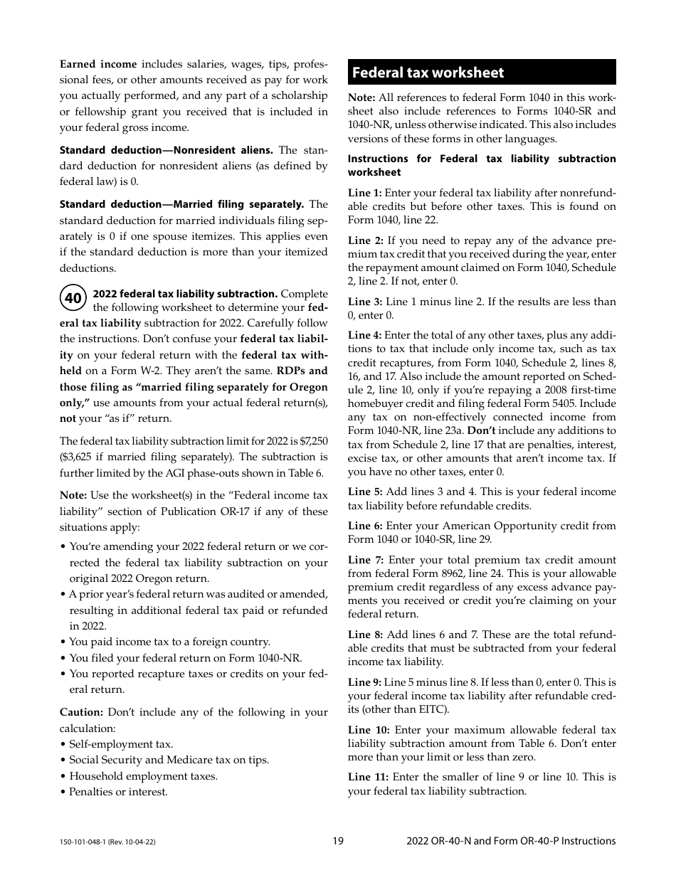 Instructions for Form OR-40-N, OR-40-P, 150-101-048, 150-101-055 - Oregon, Page 19