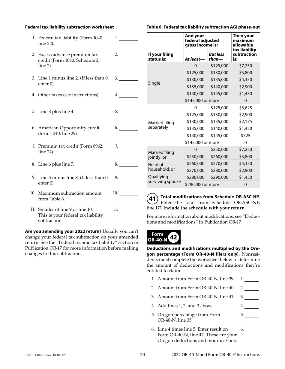 Instructions for Form OR-40-N, OR-40-P, 150-101-048, 150-101-055 - Oregon, Page 20