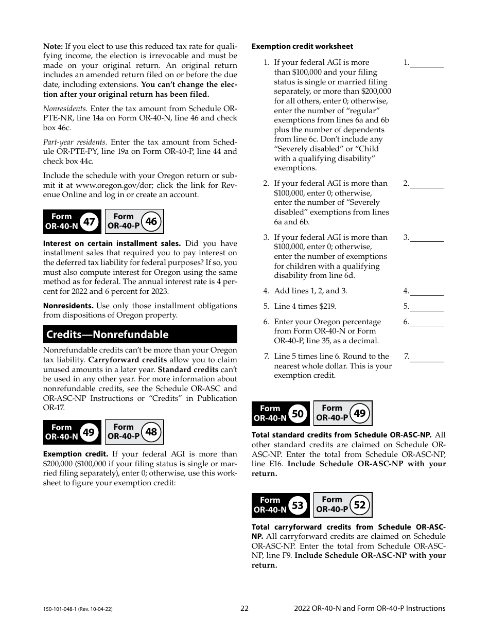 Instructions for Form OR-40-N, OR-40-P, 150-101-048, 150-101-055 - Oregon, Page 22