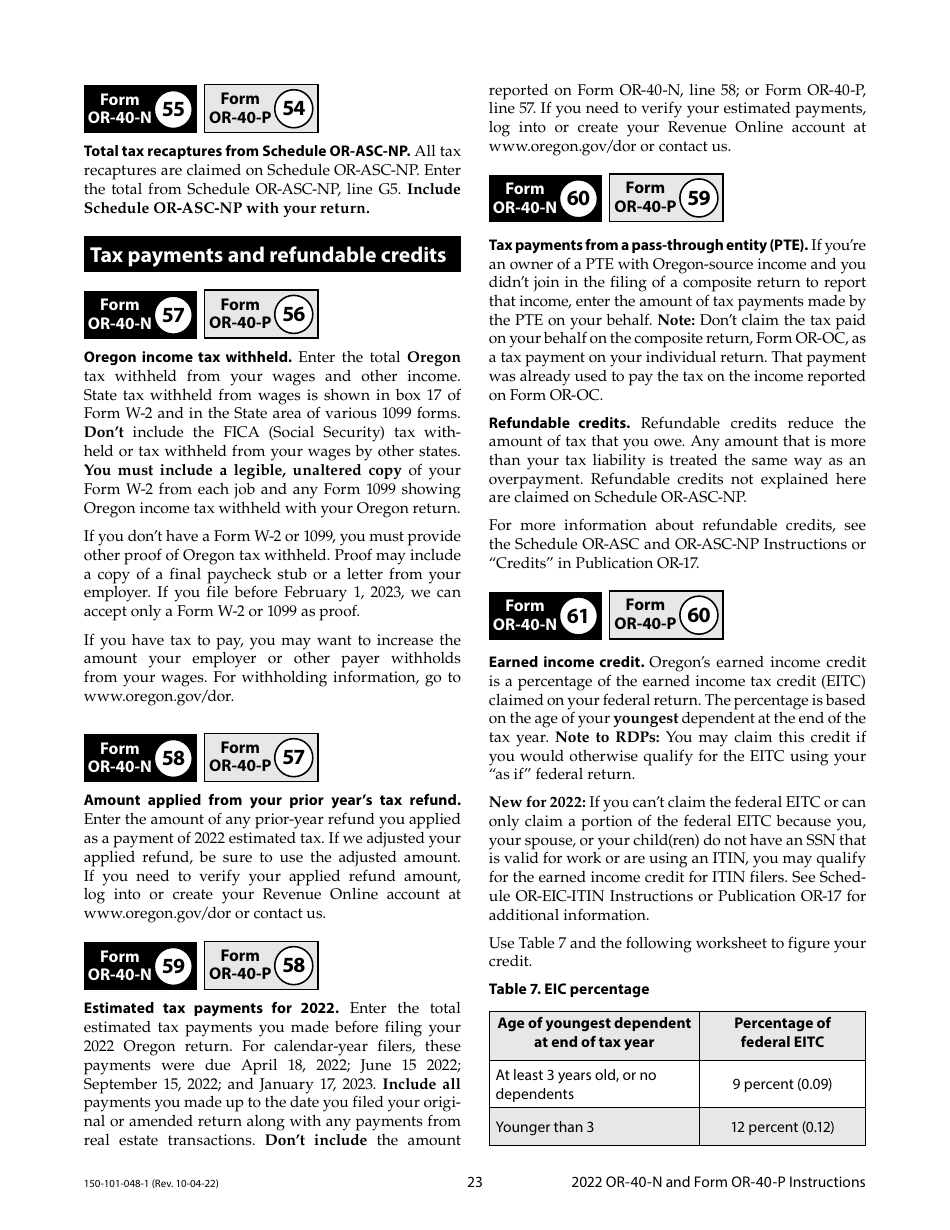 Instructions for Form OR-40-N, OR-40-P, 150-101-048, 150-101-055 - Oregon, Page 23