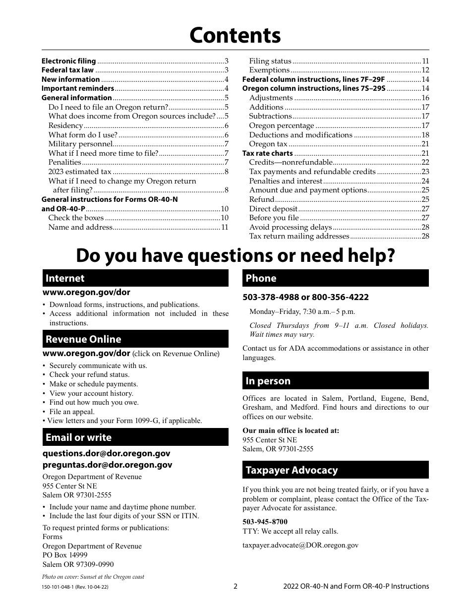 Instructions for Form OR-40-N, OR-40-P, 150-101-048, 150-101-055 - Oregon, Page 2