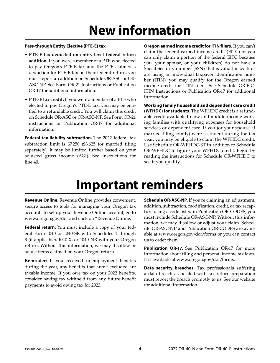 Instructions for Form OR-40-N, OR-40-P, 150-101-048, 150-101-055 - Oregon, Page 4