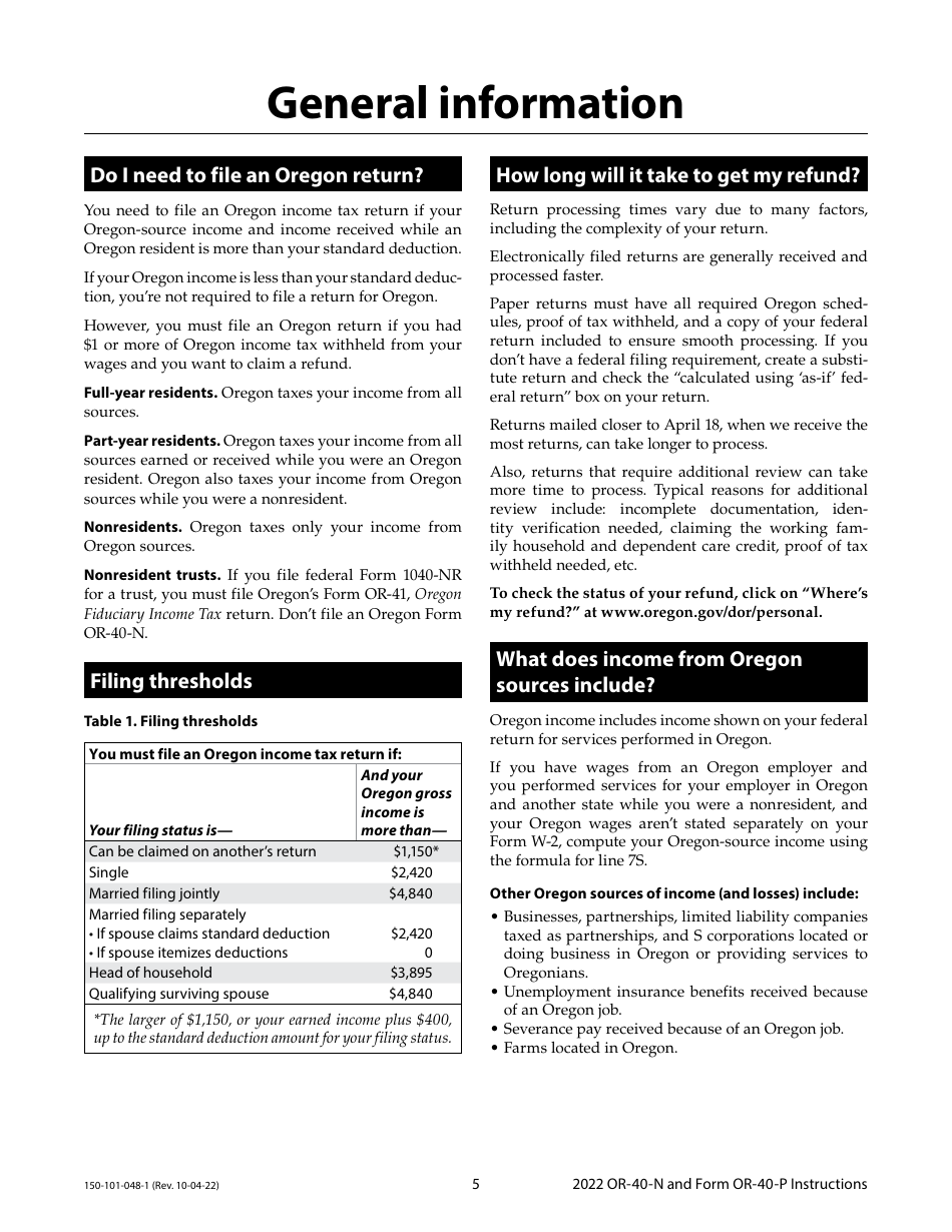 Instructions for Form OR-40-N, OR-40-P, 150-101-048, 150-101-055 - Oregon, Page 5