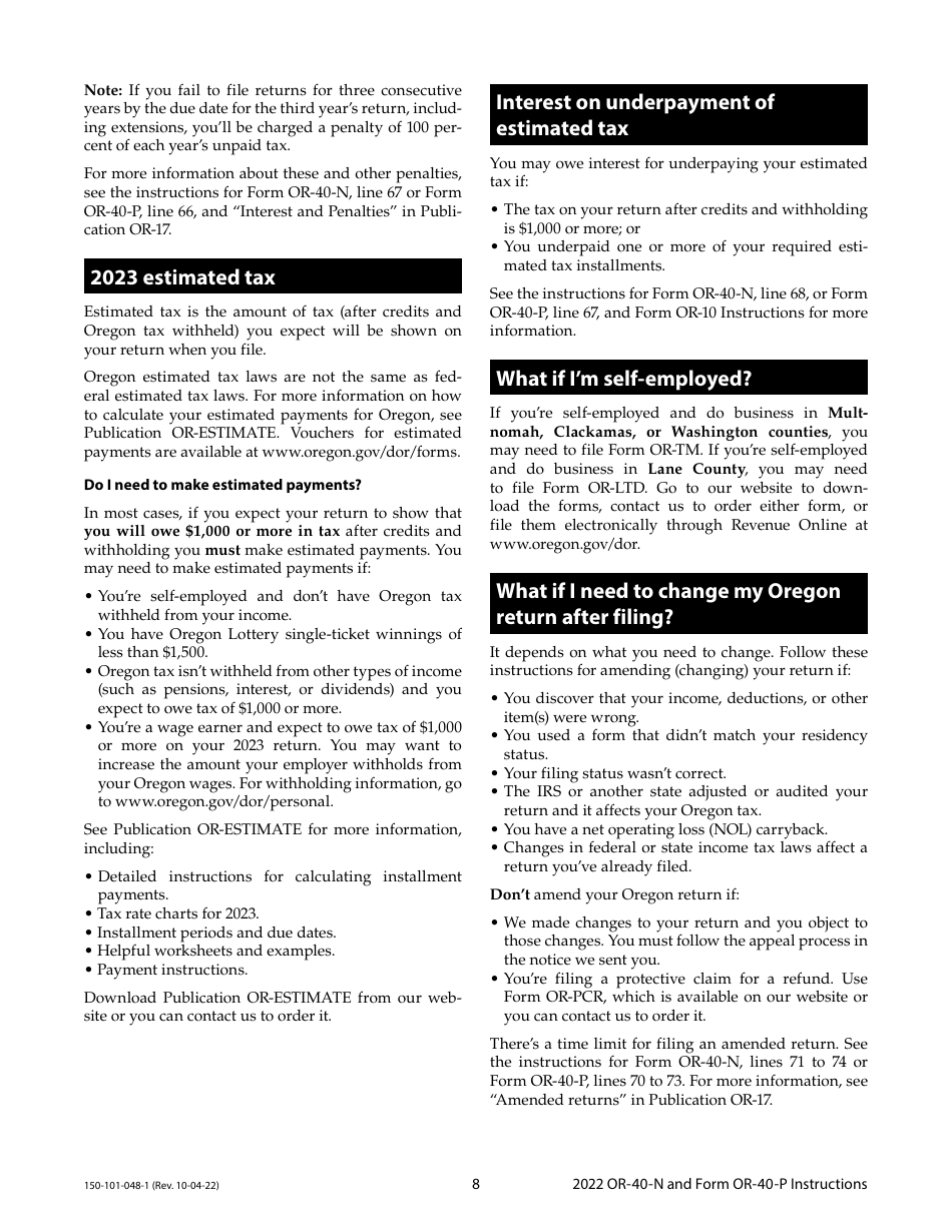 Instructions for Form OR-40-N, OR-40-P, 150-101-048, 150-101-055 - Oregon, Page 8