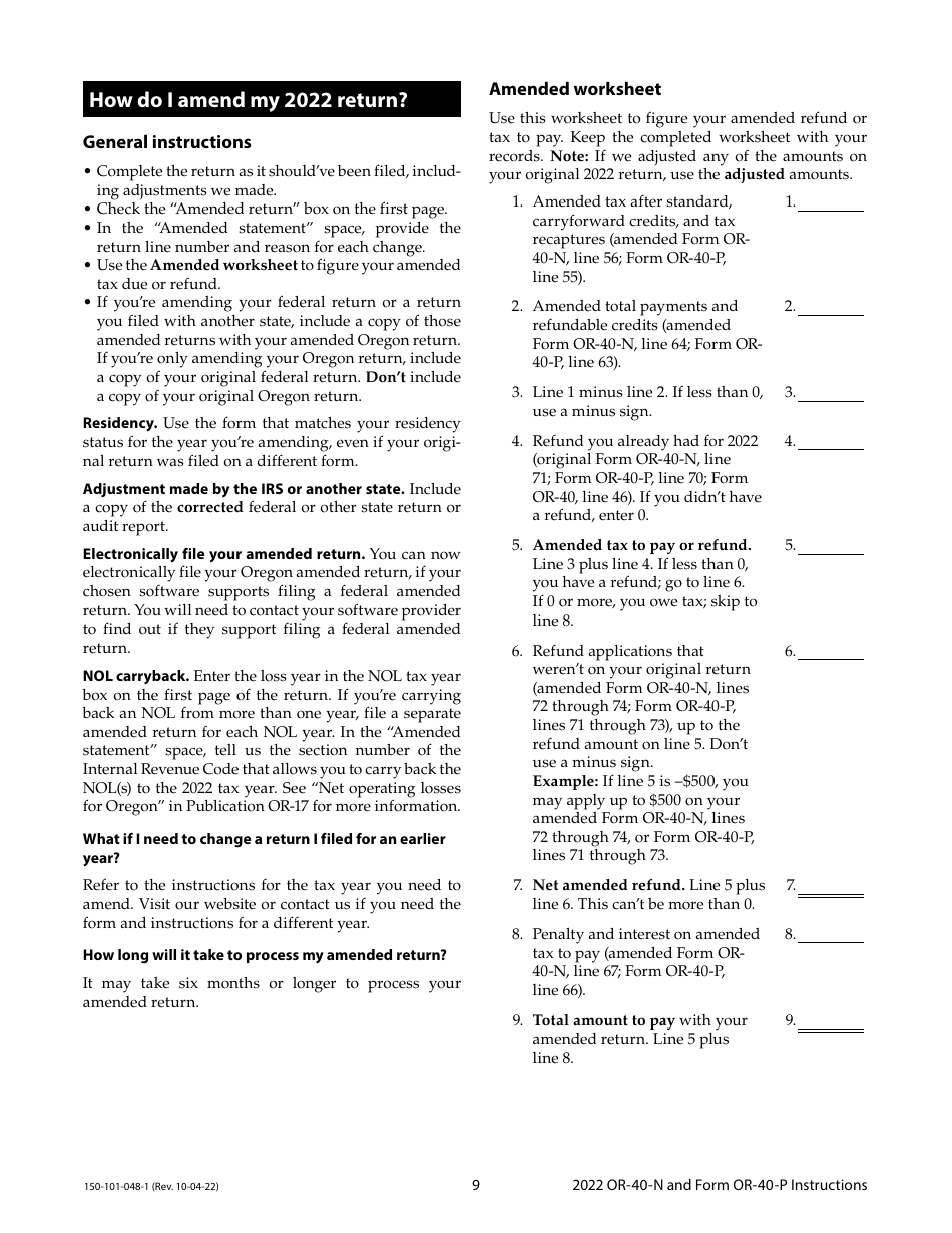Instructions for Form OR-40-N, OR-40-P, 150-101-048, 150-101-055 - Oregon, Page 9