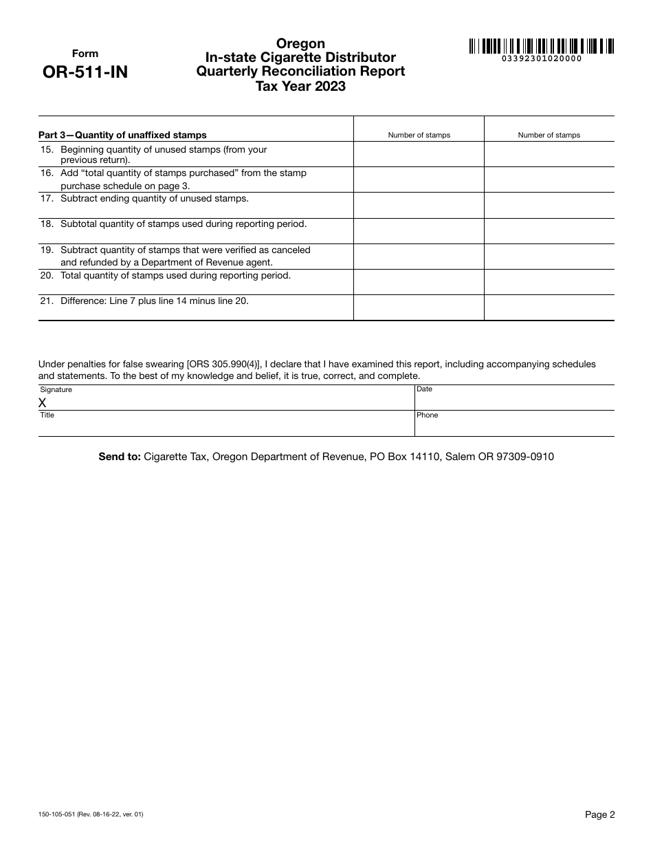 Form OR-511-IN (150-105-051) Oregon in-State Cigarette Distributor Quarterly Reconciliation Report - Oregon, Page 2