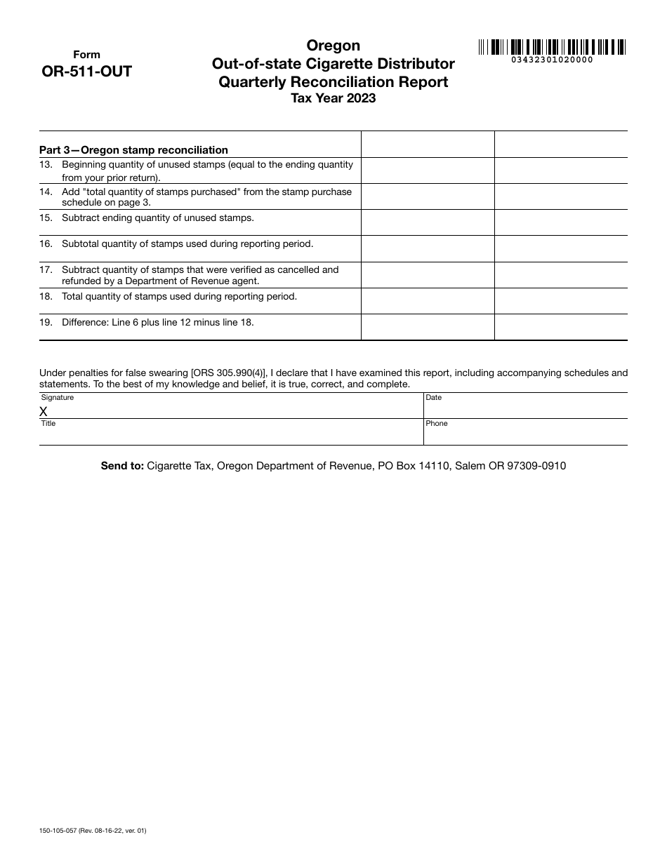 Form OR-511-OUT (150-105-057) Oregon Out-of-State Cigarette Distributor Quarterly Reconciliation Report - Oregon, Page 2