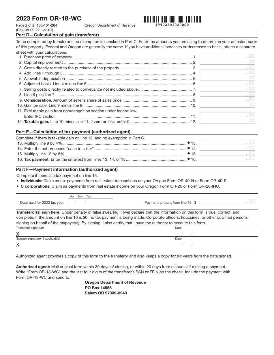 Form OR-18-WC (150-101-284) Report of Tax Payment or Written Affirmation for Oregon Real Property Conveyance - Oregon, Page 2