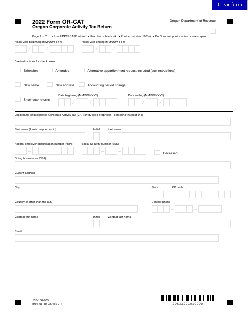 Form OR-CAT (150-106-003) 2022 Printable Pdf