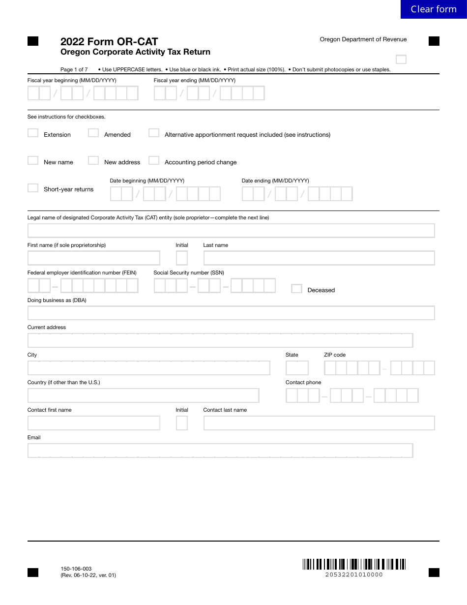 Form OR-CAT (150-106-003) Oregon Corporate Activity Tax Return - Oregon, Page 1