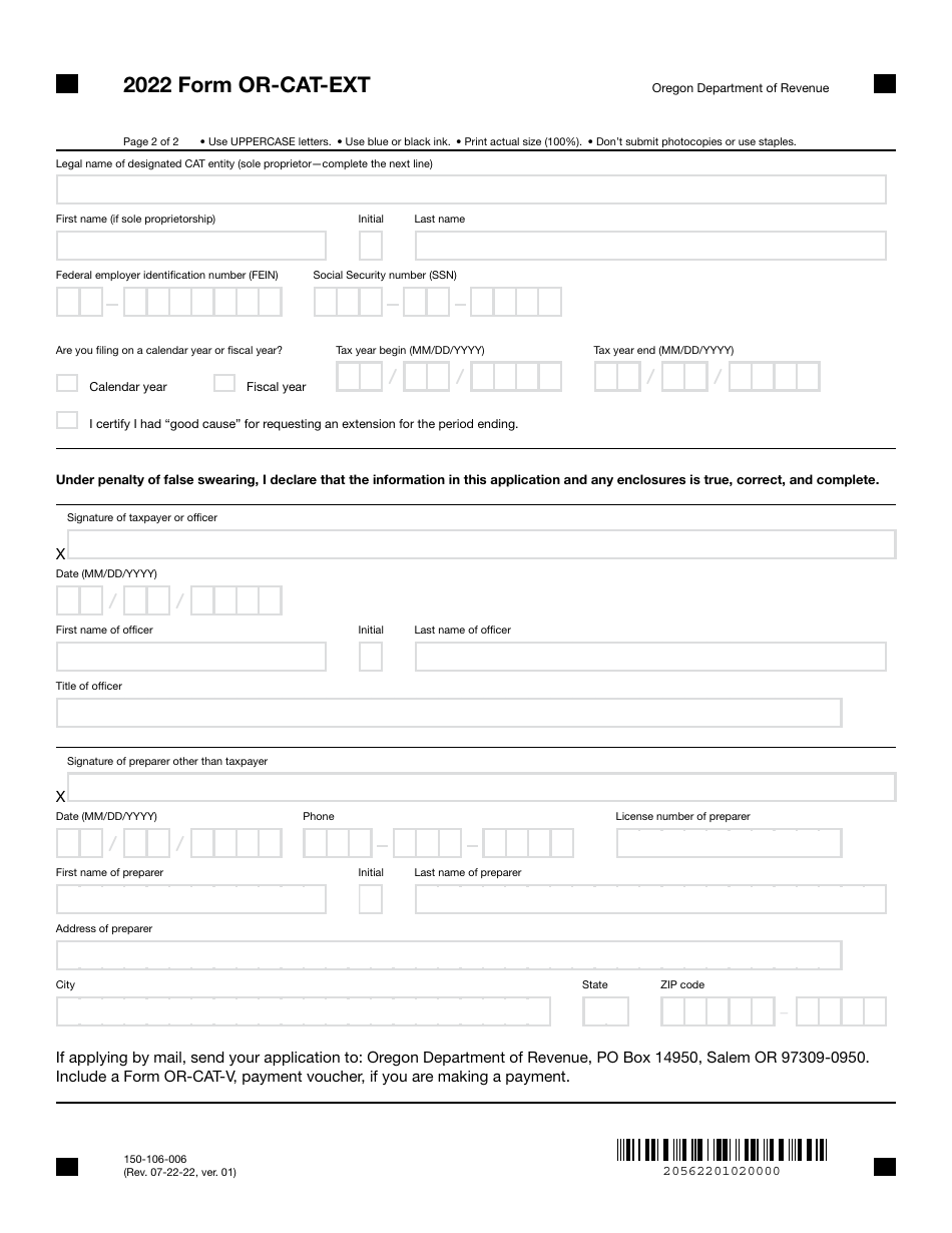 Form OR-CAT-EXT (150-106-006) Application for Extension of Time to File an Oregon Corporate Activity Tax Return - Oregon, Page 2