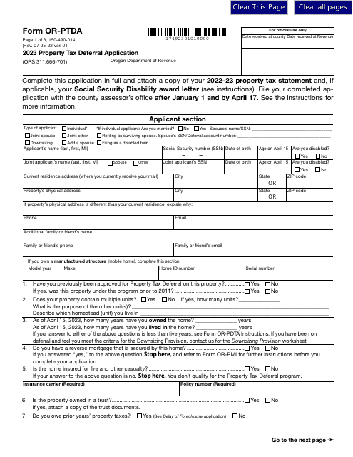 Form OR-PDTA (150-490-014) Property Tax Deferral Application - Oregon, 2023