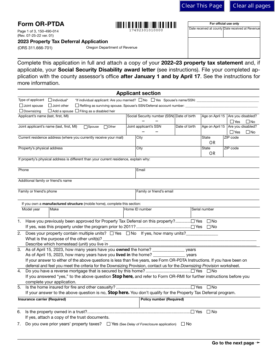 Form OR-PDTA (150-490-014) Property Tax Deferral Application - Oregon, Page 1