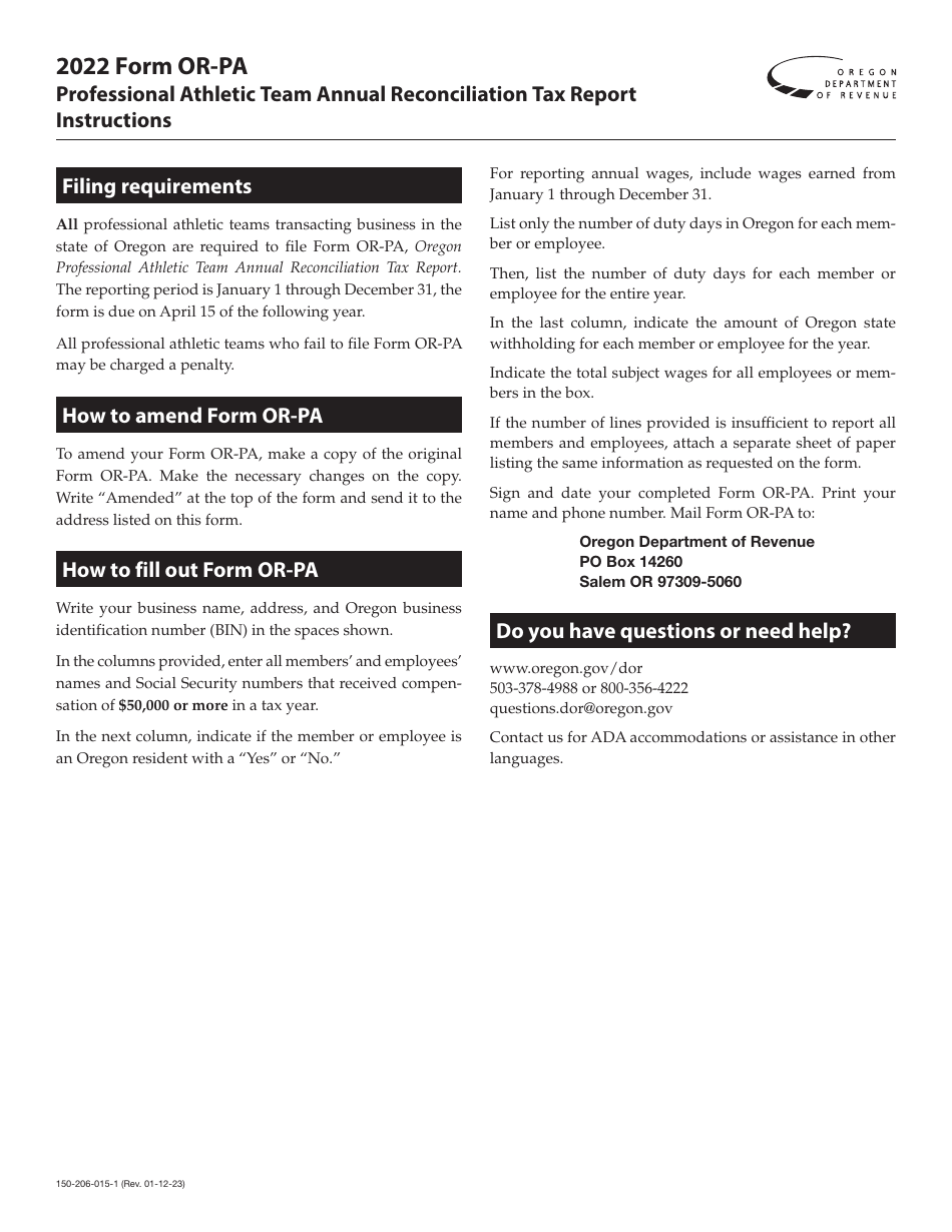 Instructions for Form OR-PA, 150-206-015 Oregon Professional Athletic Team Annual Reconciliation Tax Report - Oregon, Page 1