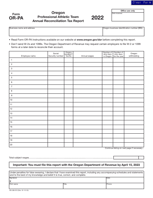 Form OR-PA (150-206-015) Oregon Professional Athletic Team Annual Reconciliation Tax Report - Oregon, 2022