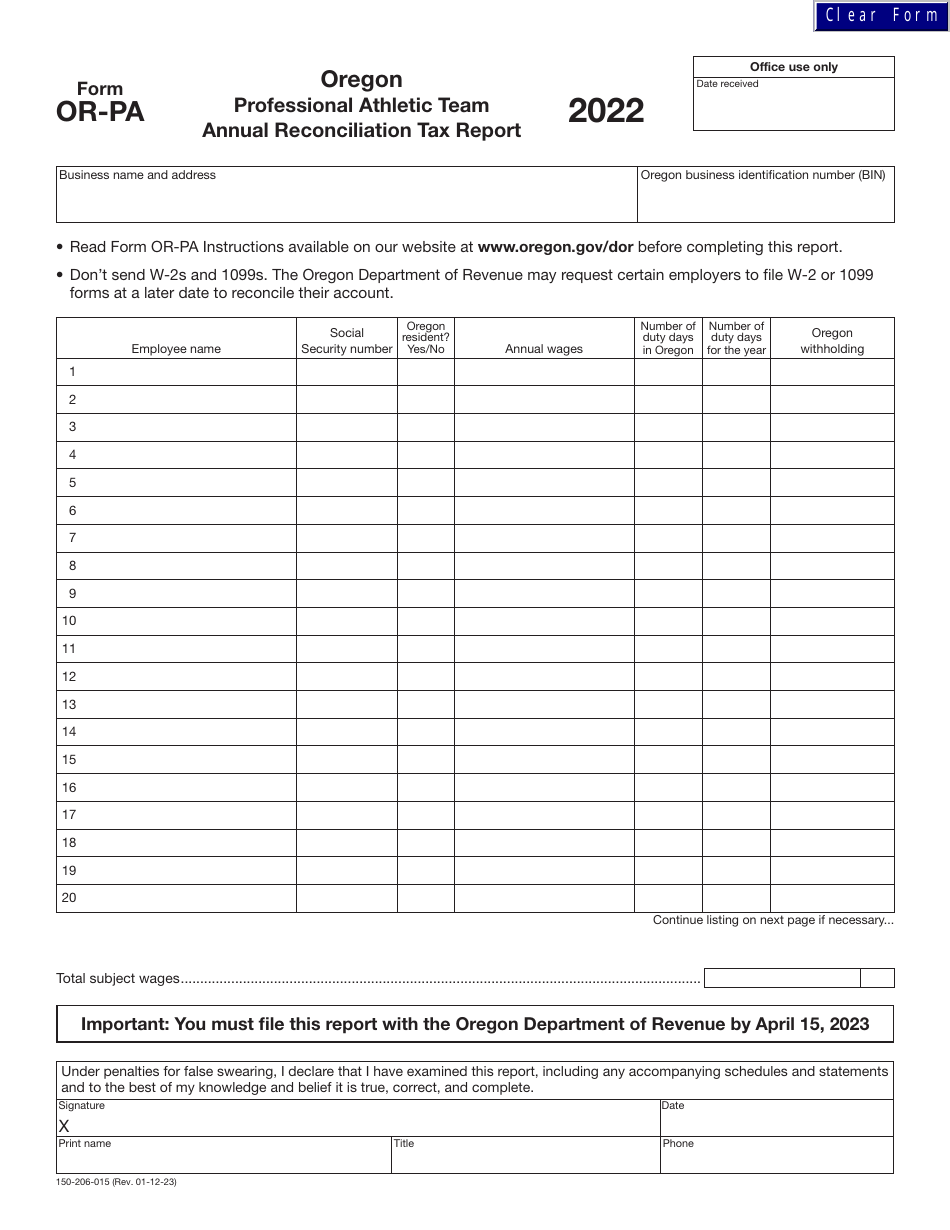 Form OR-PA (150-206-015) Oregon Professional Athletic Team Annual Reconciliation Tax Report - Oregon, Page 1