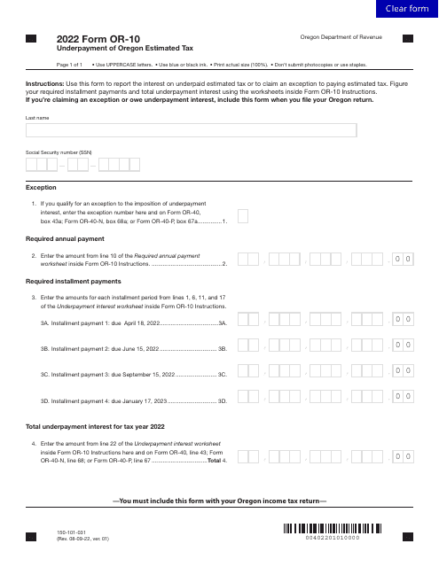 Form OR-10 (150-101-031) 2022 Printable Pdf