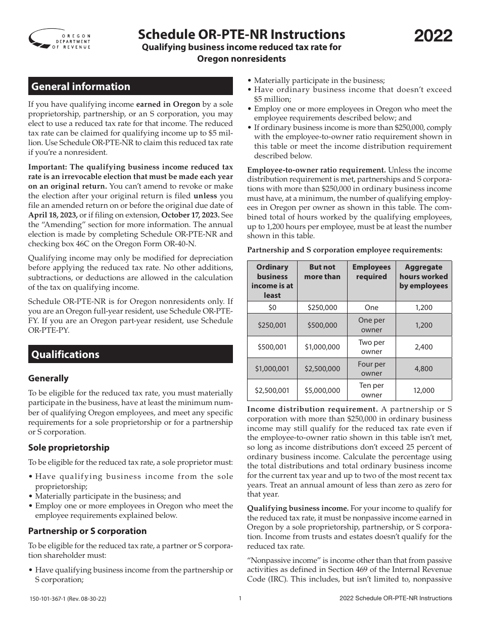 Instructions for Form 150-101-367 Schedule OR-PTE-NR Qualifying Business Income Reduced Tax Rate for Oregon Nonresidents - Oregon, Page 1