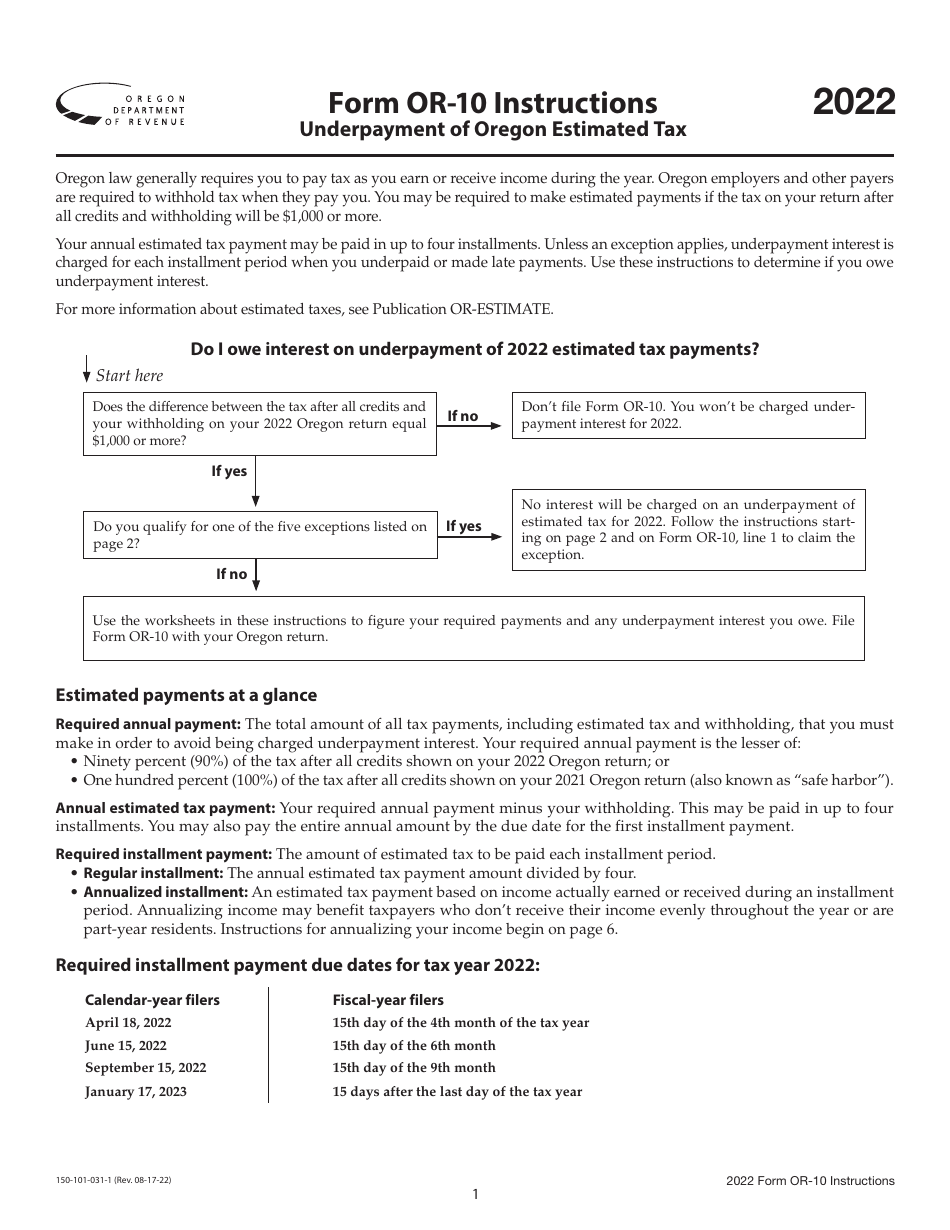 Download Instructions for Form OR10, 150101031 Underpayment of