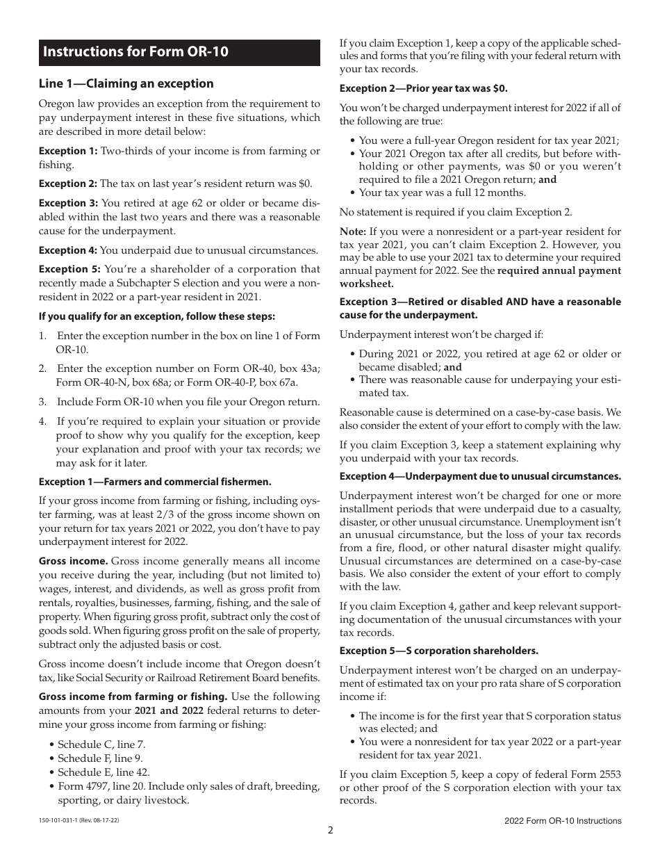 Instructions for Form OR-10, 150-101-031 Underpayment of Oregon Estimated Tax - Oregon, Page 2