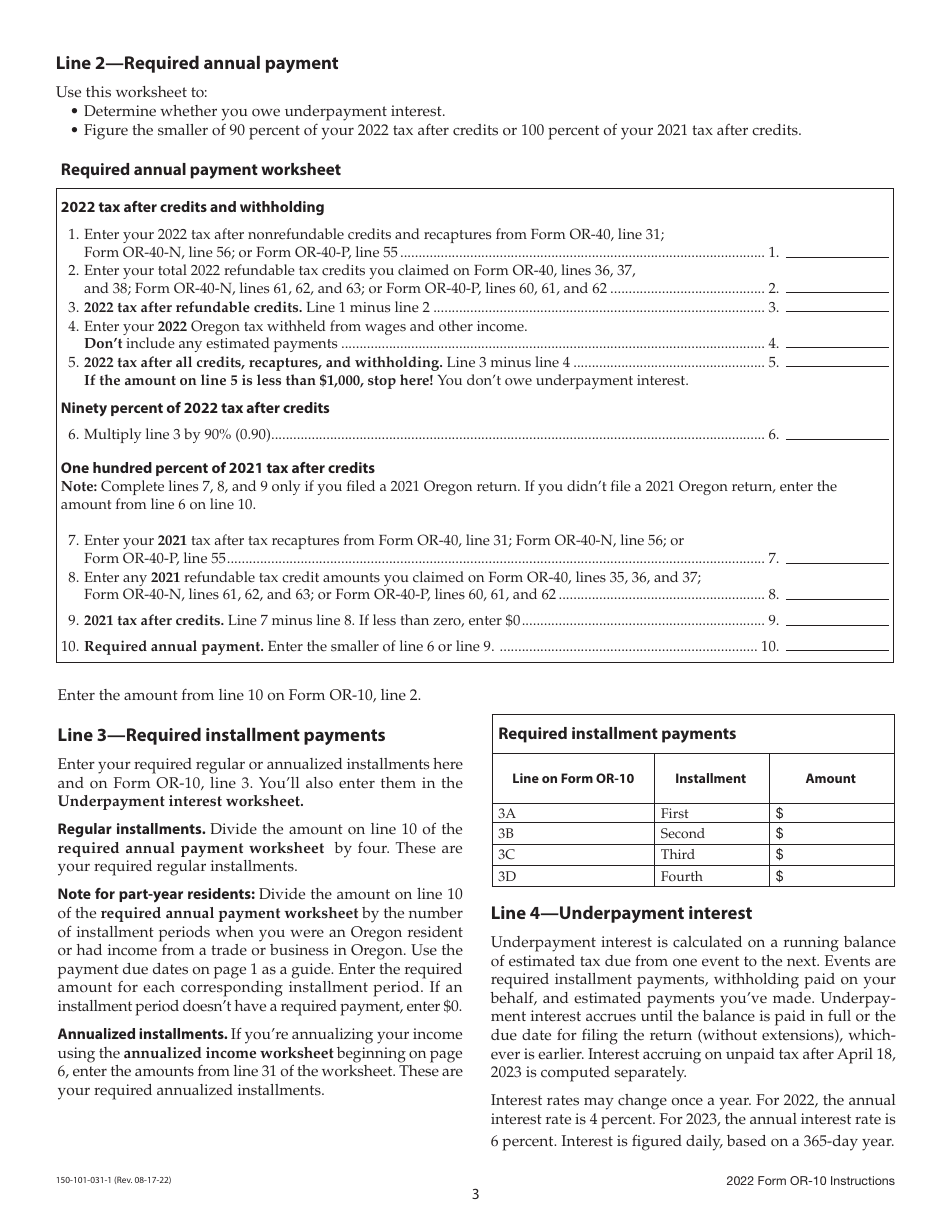 Instructions for Form OR-10, 150-101-031 Underpayment of Oregon Estimated Tax - Oregon, Page 3