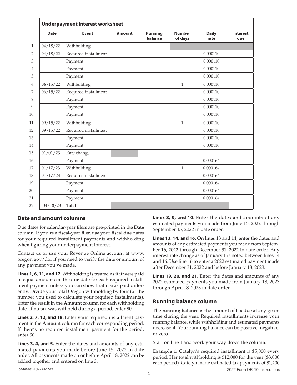 Instructions for Form OR-10, 150-101-031 Underpayment of Oregon Estimated Tax - Oregon, Page 4