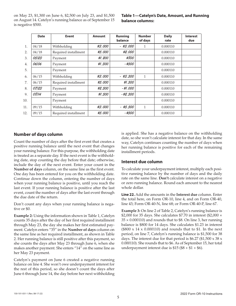 Instructions for Form OR-10, 150-101-031 Underpayment of Oregon Estimated Tax - Oregon, Page 5