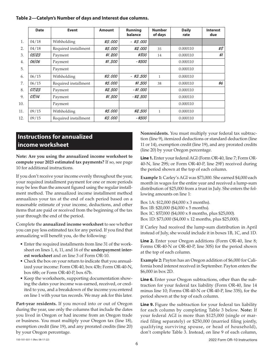 Instructions for Form OR-10, 150-101-031 Underpayment of Oregon Estimated Tax - Oregon, Page 6