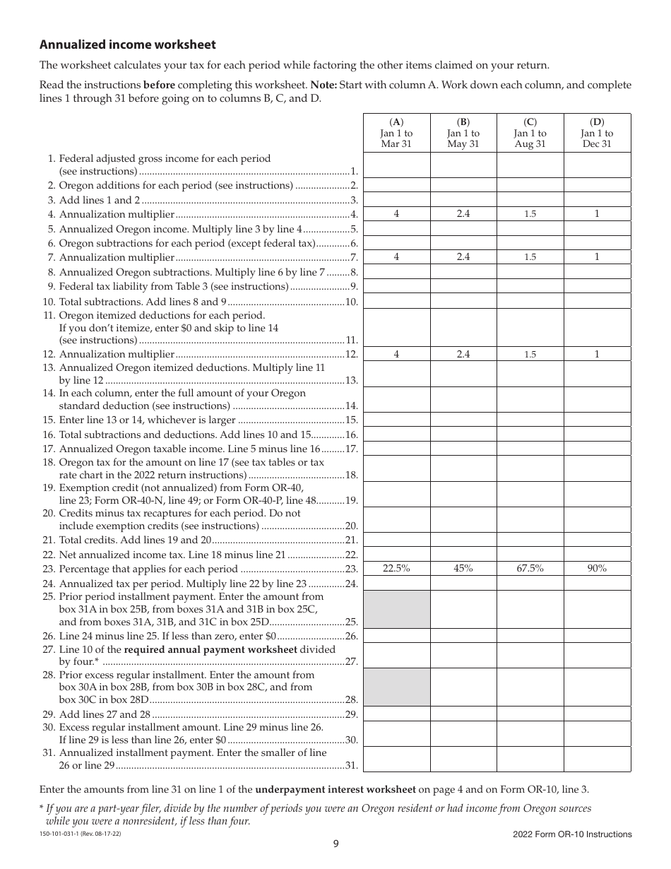 Instructions for Form OR-10, 150-101-031 Underpayment of Oregon Estimated Tax - Oregon, Page 9