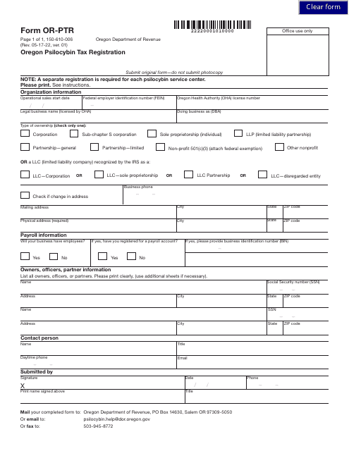 Form OR-PTR (150-610-006)  Printable Pdf