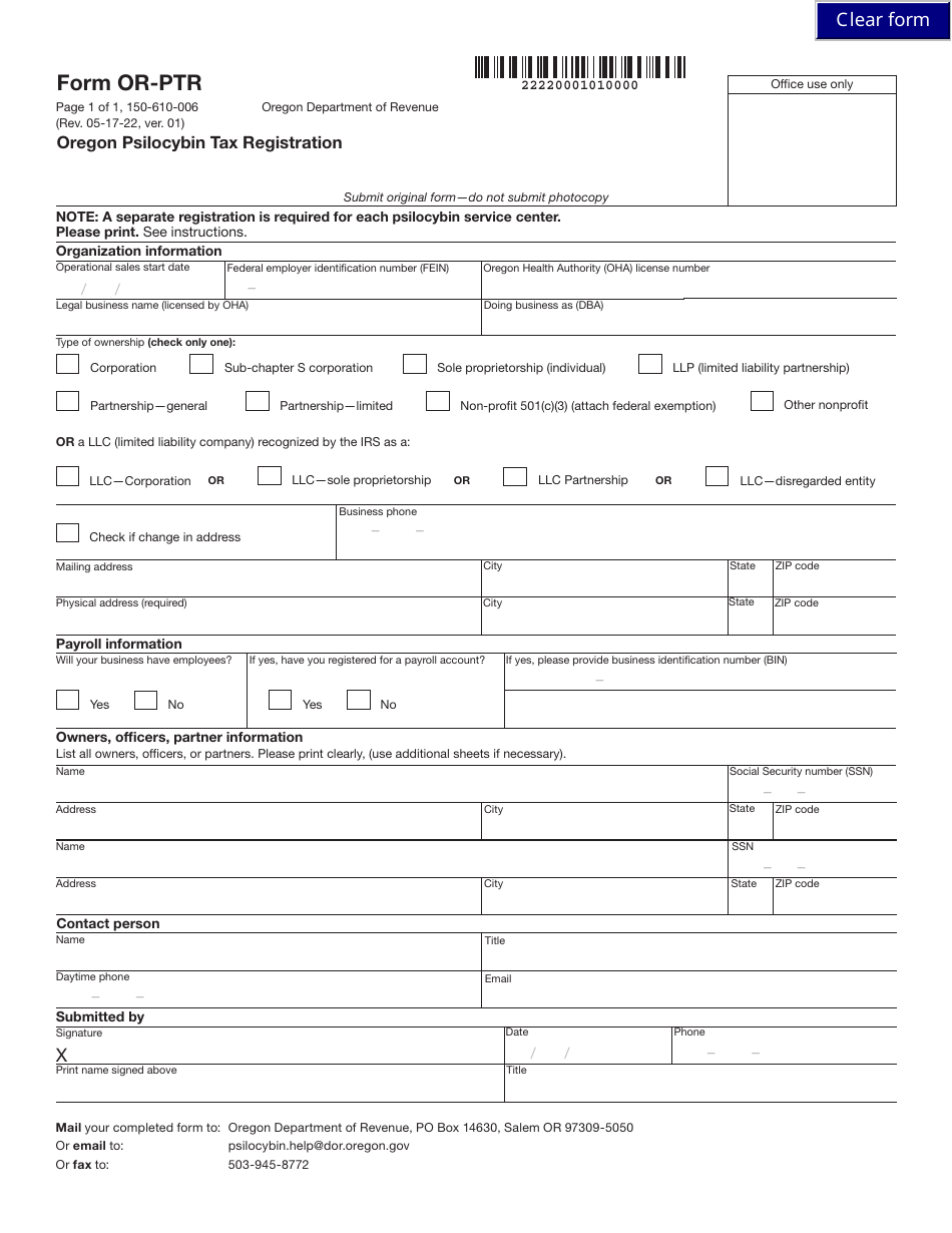Form OR-PTR (150-610-006) Oregon Psilocybin Tax Registration - Oregon, Page 1