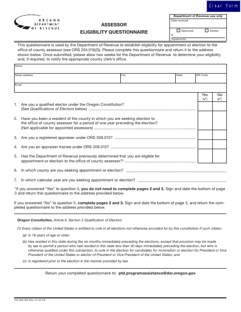 Form 150-800-065 Assessor Eligibility Questionnaire - Oregon