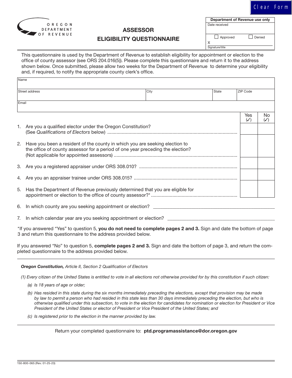 Form 150-800-065 Assessor Eligibility Questionnaire - Oregon, Page 1