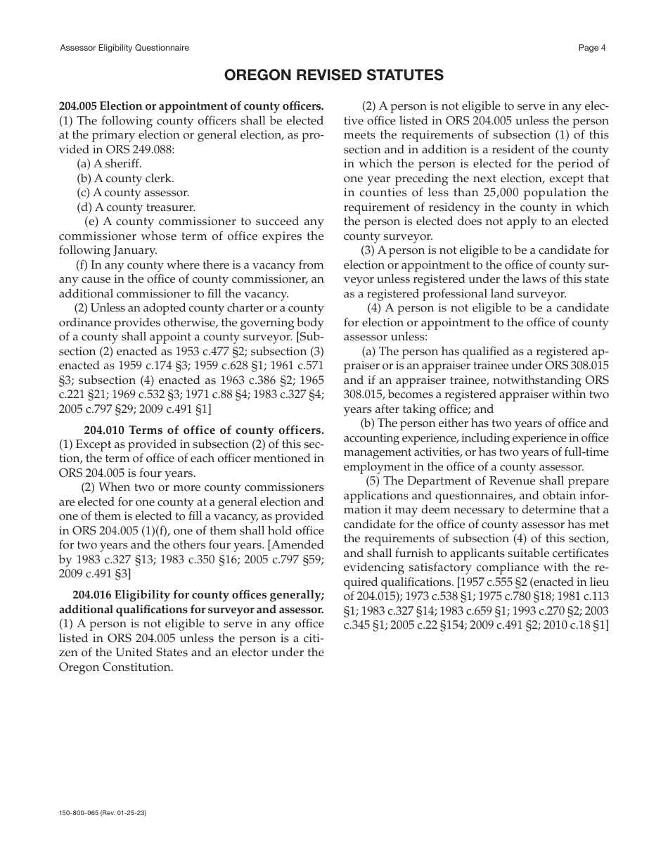 Form 150-800-065 Assessor Eligibility Questionnaire - Oregon, Page 4