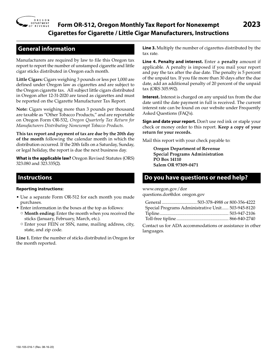 Instructions for Form OR-512, 150-105-016 Oregon Monthly Tax Report for Nonexempt Cigarettes for Cigarette / Little Cigar Manufacturers - Oregon, Page 1