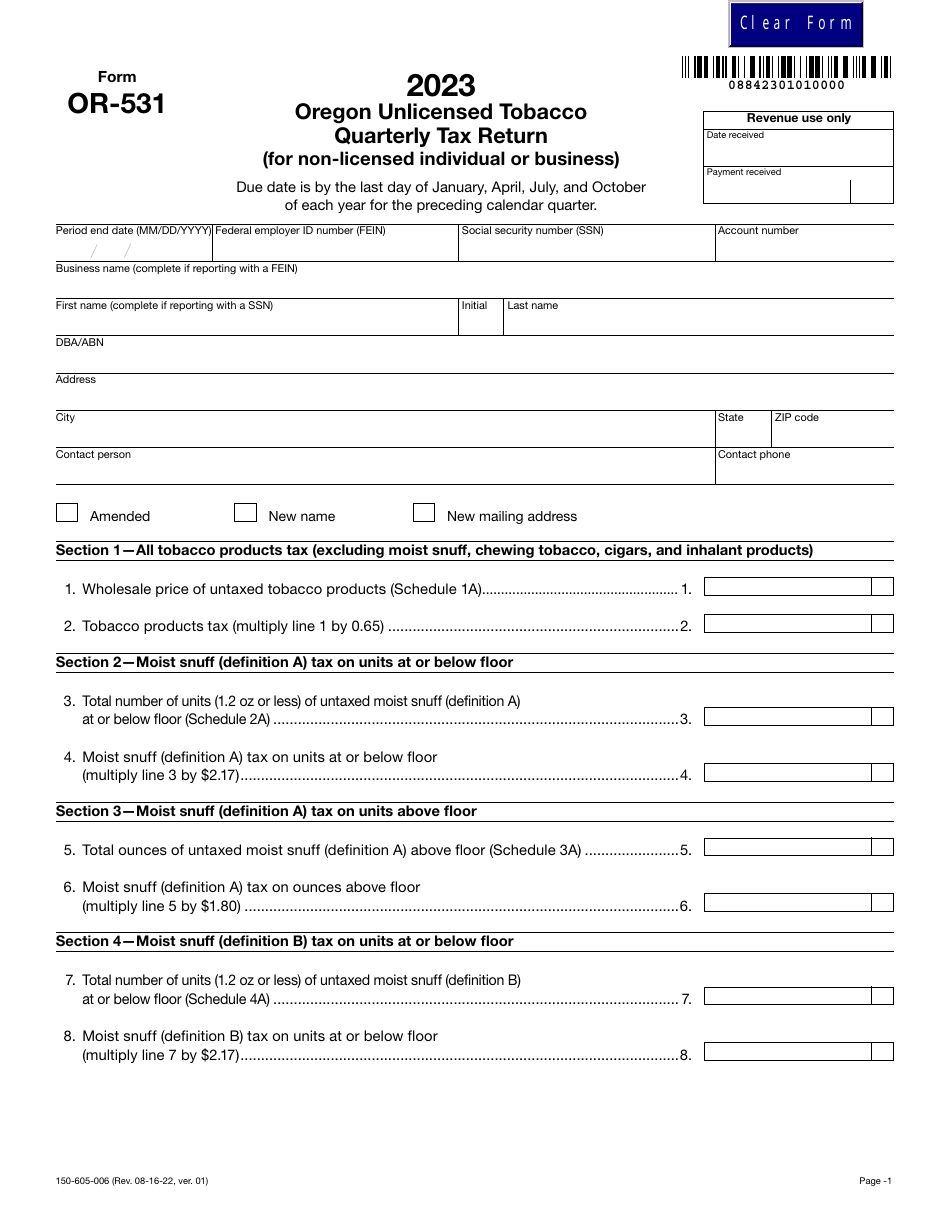 Form OR-531 (150-605-006) Oregon Unlicensed Tobacco Quarterly Tax Return (For Non-licensed Individual or Business) - Oregon, Page 1