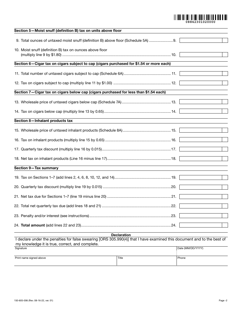 Form OR-531 (150-605-006) Oregon Unlicensed Tobacco Quarterly Tax Return (For Non-licensed Individual or Business) - Oregon, Page 2