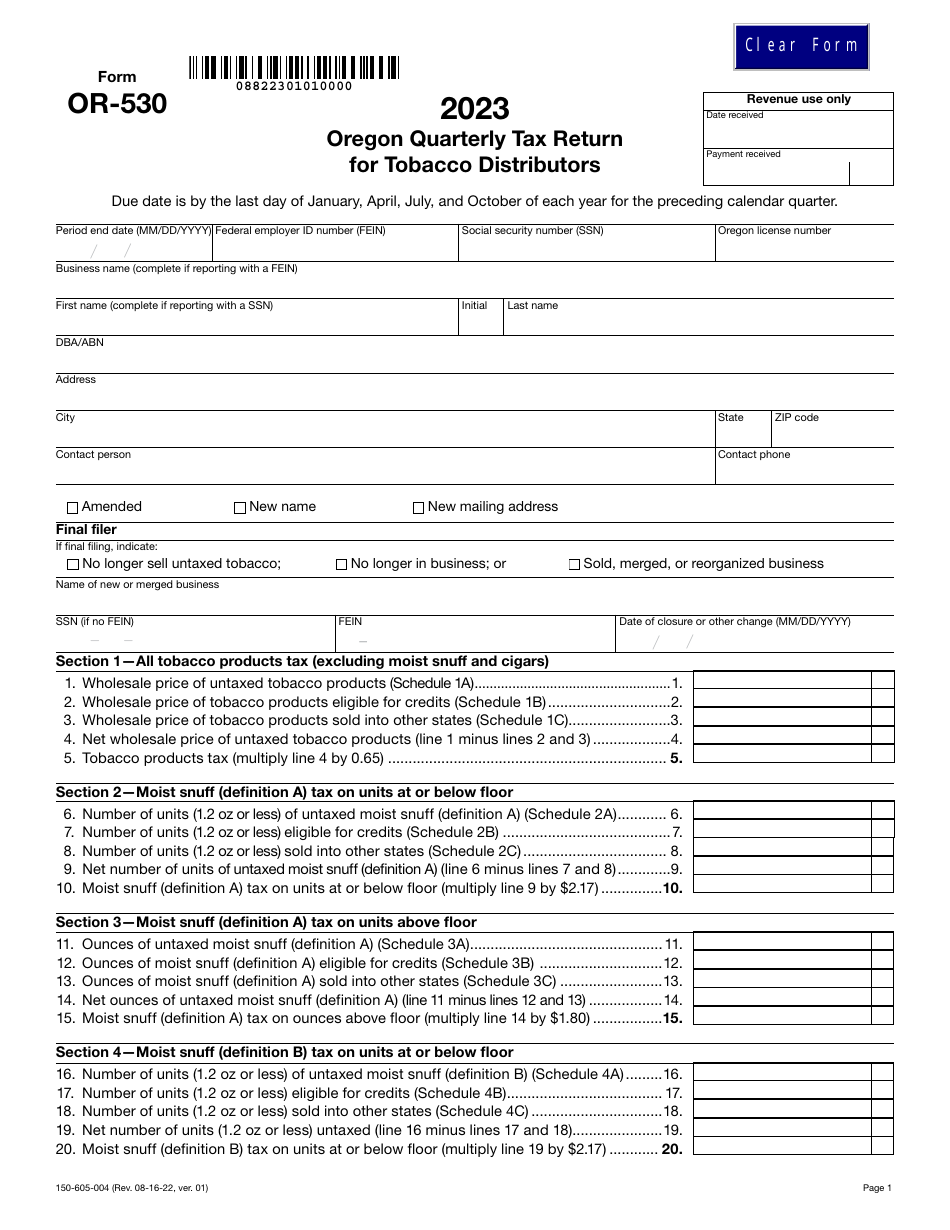Form OR-530 (150-605-004) Oregon Quarterly Tax Return for Tobacco Distributors - Oregon, Page 1