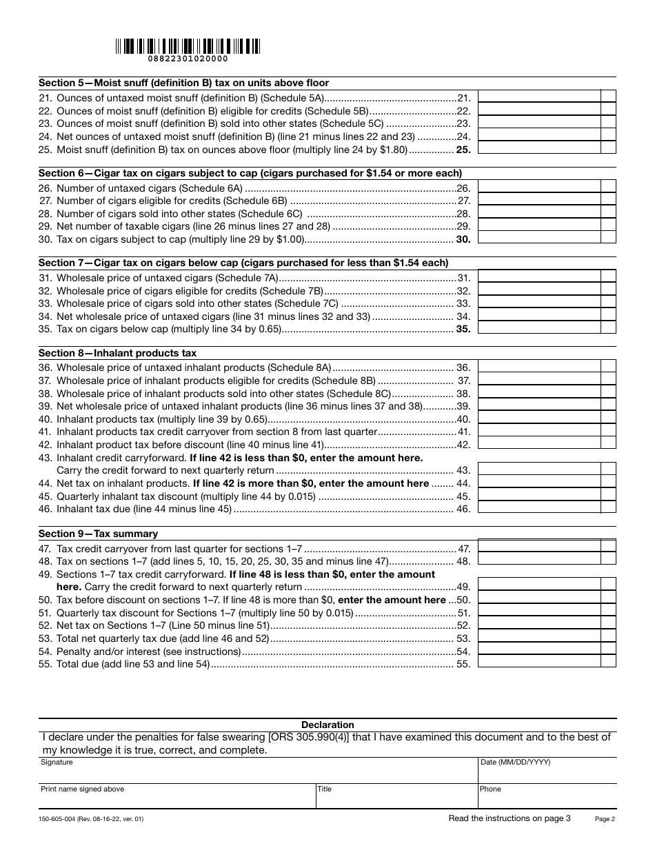 Form OR-530 (150-605-004) Oregon Quarterly Tax Return for Tobacco Distributors - Oregon, Page 2