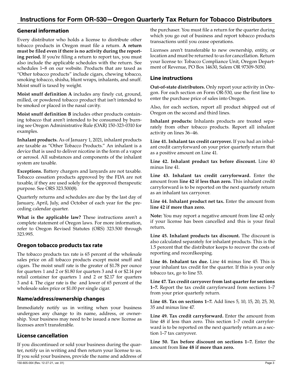 Form OR-530 (150-605-004) Oregon Quarterly Tax Return for Tobacco Distributors - Oregon, Page 3