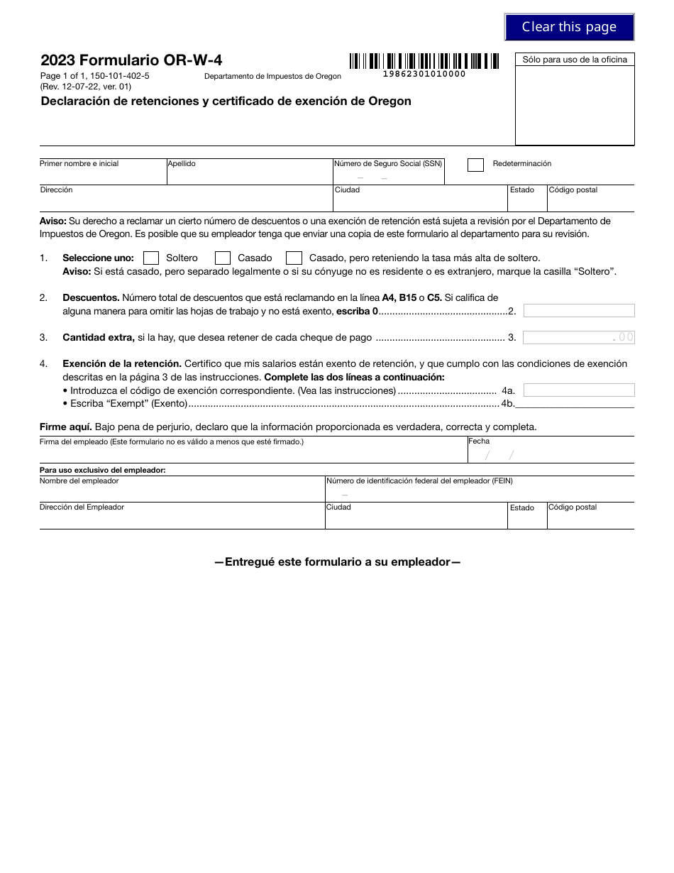 Formulario OR-W-4 (150-101-402-5) Declaracion De Retenciones Y Certificado De Exencion De Oregon - Oregon (Spanish), Page 1